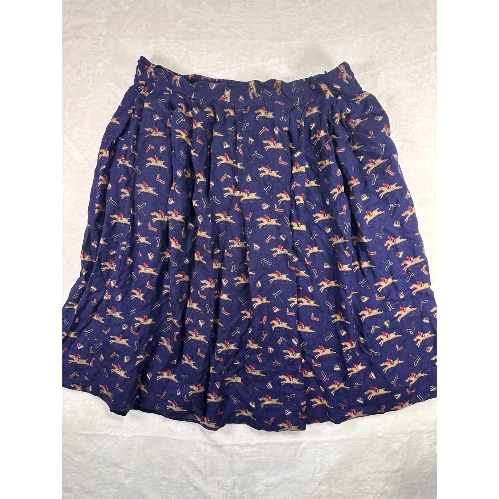 Equestrian Horse Rider Print Pleated Midi‎ Skirt Navy Blue Women